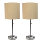 LimeLights Brushed Steel Stick Lamp with Charging Outlet and Tan Fabric Shade 2 Pack Set