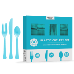 Amscan 8016 Solid Heavyweight Plastic Cutlery Assortments, Caribbean Blue, 80 Pieces Per Pack, Set Of 2 Packs