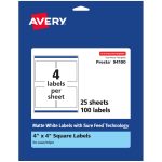 Avery Permanent Labels With Sure Feed, 94100-WMP25, Square, 4in x 4in, White, Pack Of 100