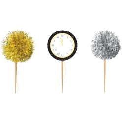 Amscan New Years Tinsel And Clock Wood Picks, 3-1/2in x 1-3/4in, Multicolor, Pack Of 32 Picks