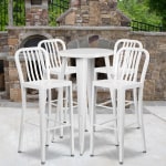 Flash Furniture Commercial Grade Round Metal Indoor-Outdoor Bar Table Set With 4 Vertical Slat Back Stools, 41inH x 24inW x 24inD, White