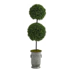 Nearly Natural Boxwood Double Ball Topiary 50inH Artificial Tree With Vintage Planter, 50inH x 10inW x 10inD, Green/Gray