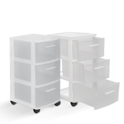 Inval MQ 3-Drawer Rolling Storage Cabinets, 25-1/2inH x 12-1/2inW x 14-1/2inD, White/Clear, Set Of 2 Cabinets