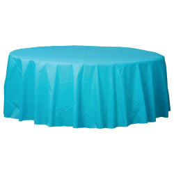 Amscan 77017 Solid Round Plastic Table Covers, 84in, Caribbean Blue, Pack Of 6 Covers