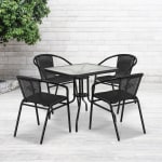 Flash Furniture Square Glass And Metal Table With 4 Rattan Stack Chairs, 28in, Clear/Black