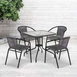 Flash Furniture Square Glass And Metal Table With 4 Rattan Stack Chairs, 28in, Clear/Gray