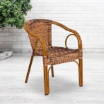 Flash Furniture Lila Rattan Restaurant Patio Chairs With 6-Tier Stacking Capacity, Burning Brown Rattan/Dark Red Bamboo, Set Of 3 Chairs