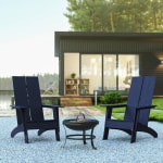 Flash Furniture Sawyer Modern All-Weather 2-Slat Poly Resin Adirondack Chairs With 22in Round Fire Pit, 39-1/2inH x 30-1/2inW x 37-1/2inD, Navy