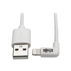 Tripp Lite Lightning to USB Sync Charge CAble Right-Angle for iPhones iPads Apple White 6ft 6ft - 60 MB/s - 6 ft - 1 x Type A Male USB - 1 x Lightning Male Proprietary Connector - MFI - Nickel Plated Connector - Gold Plated Contact - White