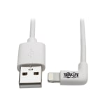 Tripp Lite Lightning to USB Sync Charge CAble Right-Angle for iPhones iPads Apple White 6ft 6ft - 60 MB/s - 6 ft - 1 x Type A Male USB - 1 x Lightning Male Proprietary Connector - MFI - Nickel Plated Connector - Gold Plated Contact - White